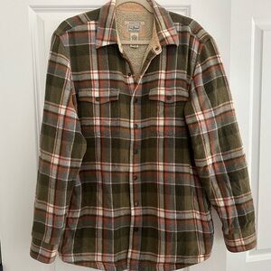 L.L. Bean Olive, Rust & Grey Flannel Shacket - Sherpa Scotch Plaid Shirt Jacket
